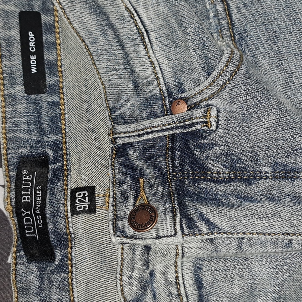 Judy Blue Mid Rise Tummy Control Raw Hem Wide Leg Crop Denim Jeans